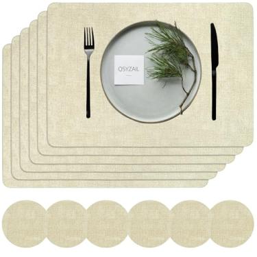 Imagem de QSYZAIL Jogo americano conjunto de 6 com porta-copos, tapetes de mesa de vinil de couro sintético para cozinha e festa ao ar livre