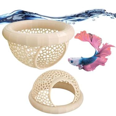 Imagem de Rede para abrigo de peixes, 2 peças, área de descanso de caverna Betta pequena e grande, couros de camarão de aquário e brinquedos Betta, plástico preto, design de longa duração com economia de espaço