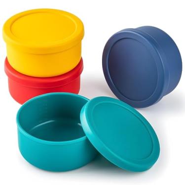 Imagem de 4 recipientes de silicone para armazenamento de alimentos, caixas redondas de 700 ml, livre de BPA, seguro para micro-ondas e freezer, inclui 4 peças coloridas para impermeabilização de massa de pizza