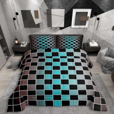 Imagem de Erosebridal Conjunto de edredom geométrico, xadrez, marrom, azul-petróleo, estético, xadrez, para adultos, homens e mulheres, dégradé preto guingão, edredom