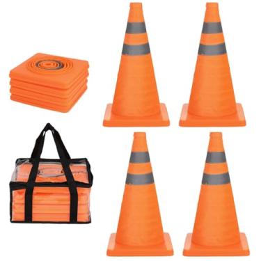 Imagem de 4 peças de cones pop-up multiuso com tiras refletivas e bases estáveis, cones de segurança de trânsito de 45 cm, cones de construção laranja para estacionamento na estrada, prática de direção