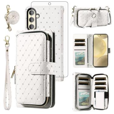 Imagem de Capa de telefone para Samsung Galaxy A36 5G capa carteira com zíper com protetor de tela de vidro temperado alça transversal alça brilhante flip porta-cartão slot A 36 36A LTE SM-A366U mulheres