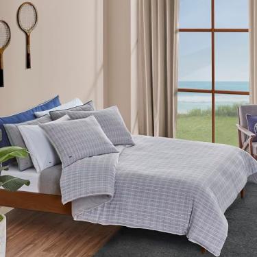 Imagem de Lacoste Conjunto de edredom xadrez de raquete – 100% algodão Dobby, alternativo, certificado Oeko-TEX – Roupa de cama xadrez moderna com logotipo de crocodilo bordado, cinza, casal/queen