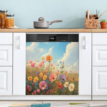 Imagem de ATTX Flores silvestres pintura a óleo capa ímã máquina de lavar louça, 58.4 cm C x 66.0 cm A decoração frontal da capa da máquina de lavar louça, decalques de armário doméstico eletrodomésticos