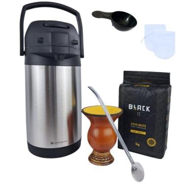 Imagem de Kit Chimarrão com Erva 1Kg Garrafa Térmica 2,5L Inox Cuia Porongo Bomb