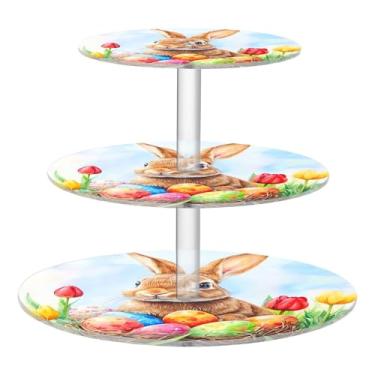 Imagem de CEBUGI Suporte de cupcake de 3 camadas, aquarela, coelho, redondo, suporte de bolo, bandeja de servir em camadas de acrílico para festas de chá, chá de bebê, casamento e mais