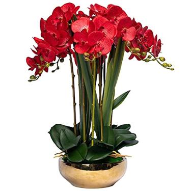 Imagem de LMJYU Orquídea artificial flor falsa Phalaenopsis 8 orquídeas flores falsas com vaso dourado, decoração de salão de casamento arranjo de flores