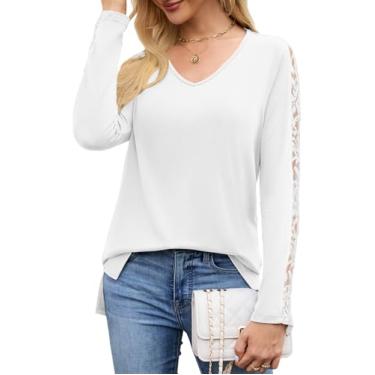 Imagem de Blusas femininas casuais de manga comprida para negócios, gola V, renda, fenda lateral, ajuste solto, macio, 2025, branca, P