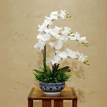 Imagem de LMJYU Flor artificial em vaso Orquídea artificial Phalaenopsis Orquídeas Planta em vasos, plantas falsas de flores PU Phalaenopsis Bonsai