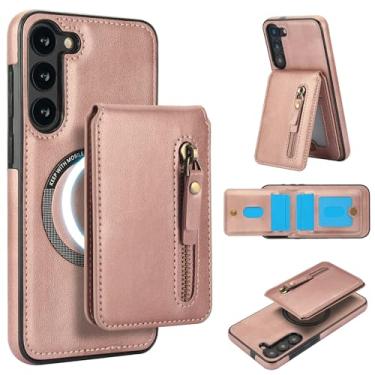 Imagem de Carteira destacável compatível com carregamento sem fio Magsafe para Samsung Galaxy A14 4G/A14 5G capa com suporte para cartão, bolso com zíper, suporte 2 em 1 à prova de choque (ouro rosa)