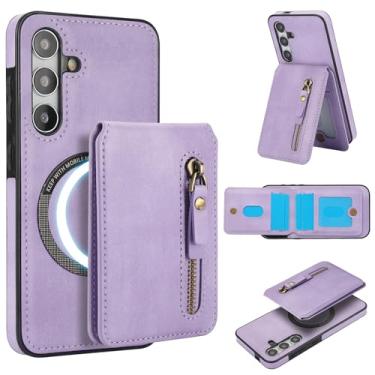 Imagem de Carteira destacável compatível com carregamento sem fio Magsafe para Samsung Galaxy A35 5G capa com suporte para cartão, bolso com zíper, suporte 2 em 1 capa à prova de choque (roxa)