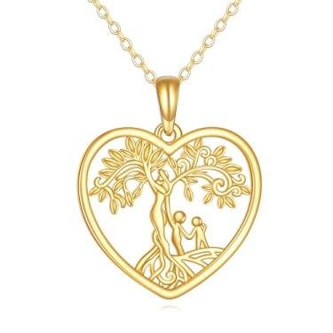 Imagem de DOVRAN Colar de árvore da vida em ouro maciço 10K, pingente de árvore genealógica, joias de coração, presentes para mulheres, amigas e familiares