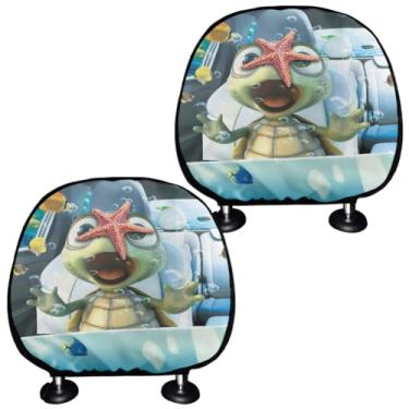 Imagem de WUYOJUXA Conjunto de 2 peças de capas de travesseiro de assento de carro com tartaruga marinha, capa elástica para encosto de cabeça, acessórios universais, interiores automotivos
