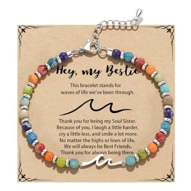 Imagem de QILMILY Pulseira de onda/laço/cruz para mulheres, pulseiras coloridas com contas de pedra natural, presente de amizade exclusivo para melhor amiga, irmã e mãe, presentes de aniversário para mulheres