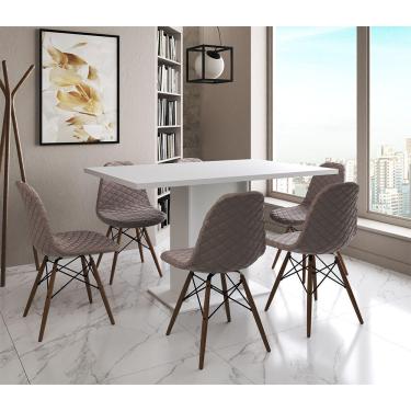 Imagem de Mesa Jantar Londres Retangular Branca137X90 6 Cadeiras Estofadas Nude Médio Madeira