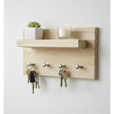 Imagem de Porta Chaves de Parede em Madeira Pinus Natural Rústico com Prateleira, 20x12 cm, 4 Pinos, Fixação Dupla Face