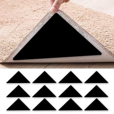 Imagem de 12 peças de fita de tapete, pinças laváveis para tapete, almofadas antiderrapantes para pisos e azulejos de madeira, adesivos de tapete adesivo de dupla face mantêm os cantos planos, preto