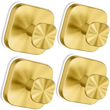 Imagem de Fliverly Ganchos com ventosa, aço inoxidável 304, quadrado, acabamento escovado, suporte de parede sem perfuração para toalhas e roupões de banho (ouro, pacote com 4)