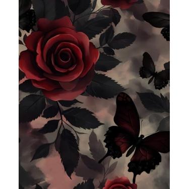 Imagem de Fvlow Papel de parede borboleta e rosa descasque e cole papel de parede floral vermelho escuro 44,2 cm x 299,7 cm papel de parede vintage impermeável autoadesivo cobertura de parede para quarto