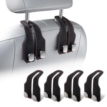Imagem de JUSTTOP Ganchos de encosto de cabeça para assento de carro, suporte de bolsa de carro, pacote com 4 ganchos universais de metal duplo para bolsa de carro com couro de camurça para bolsas, bolsas de