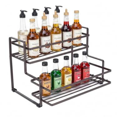 Imagem de Mowhut Organizador de xarope de café, rack de xarope de metal de 2 camadas, prateleira de exibição de garrafa de licor, decoração de acessórios de cafeteria, organizador de bancada de cozinha para