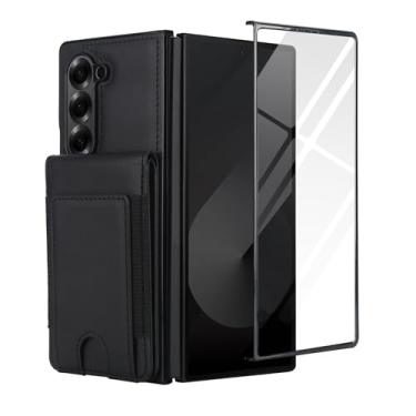 Imagem de Capa carteira para Samsung Galaxy Z Fold 5, com couro PU premium e compartimentos para cartão, suporte embutido, capa protetora de 360° para uso diário, inclui protetor de tela de vidro 9H (preto)