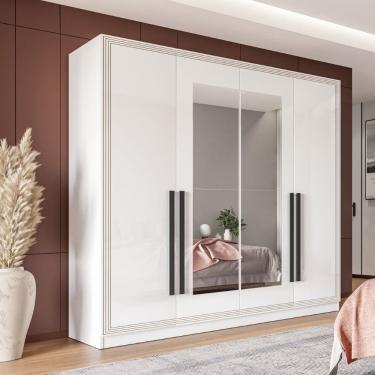 Imagem de Guarda Roupa Roupeiro 4 portas 4 gavetas com Espelho Valência Branco Politorno Móveis