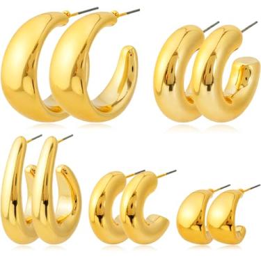 Imagem de PAGOW 5 pares de brincos de argola de ouro, brincos de ouro grosso, aros de ouro grossos da moda, brincos de argola leves modernos para mulheres (ouro, 5 tamanhos)