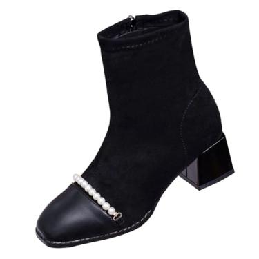Imagem de Botas femininas modernas, casuais, de inverno, confortáveis, cano baixo, bico fino, bico fino, zíper nas costas, salto baixo, Preto, 35