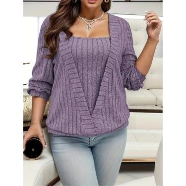 Imagem de Moletom Feminino plus Size De Manga Longa Com Textura Lisa Para Primav