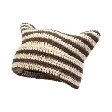 Imagem de Gorro De Inverno Feminino Quente De Crochê Com Orelhas De Gato Em Acrí