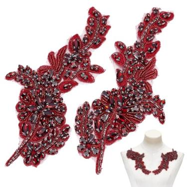 Imagem de NBEADS 2 peças de aplique de faixa de strass, 19,8 x 9,8 cm, aplique floral 3D com contas costuradas na faixa de cristal para cinto de noiva, vestido formal, formatura, estola algo, vermelho escuro