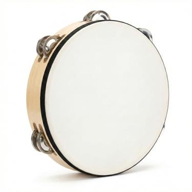 Imagem de Pandeiro de madeira com cabeça de couro, 8 jingles, tambor de mão redondo (aprox. 5,9 pol. / 15 cm de diâmetro), moldura de madeira lisa, instrumento de percussão para crianças, música em sala de aula