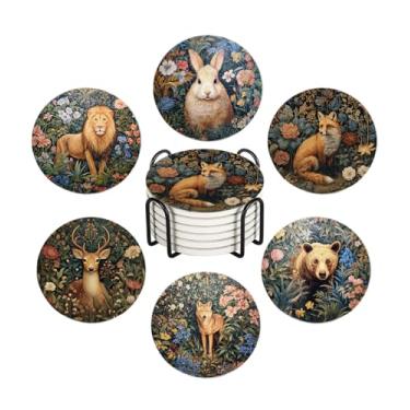 Imagem de Conjunto de 6 porta-copos para bebidas, botânico, floral, animais selvagens, absorvente, redondo, cerâmico, com base de cortiça e suporte de metal, decoração de bar para casa, presente de aquecimento