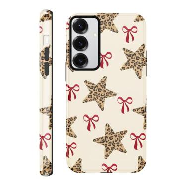 Imagem de Vulfwela Capa para celular Galaxy S25 5G de 16,2 cm com estampa de leopardo estrelas e laços vermelhos, fina, resistente a arranhões, à prova de choque, camada dupla, revestimento rígido com interior