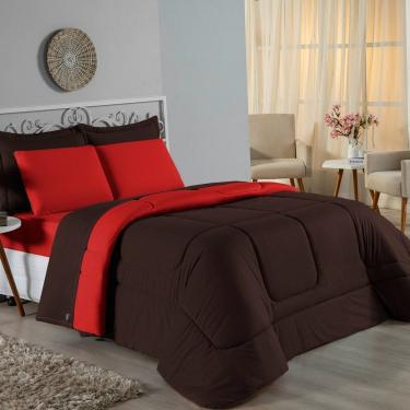Imagem de Kit Edredom Dupla Face + Jogo De Lençol Casal Nobre 7 Peças Malha 100% Algodão - Marrom / Vermelho