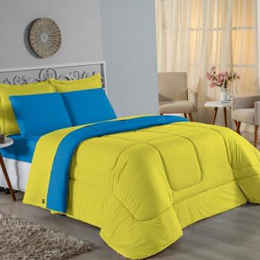 Imagem de Kit Edredom Dupla Face + Jogo De Lençol Casal Viúva Nobre 7 Peças Malha 100% Algodão - Amarelo / Turquesa