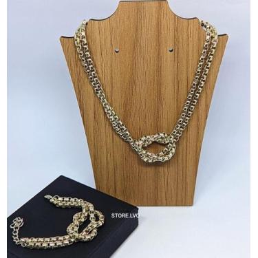 Imagem de Kit Conjunto Colar e Pulseira Corrente Elos Duplo Veneziana Sinal Nózi
