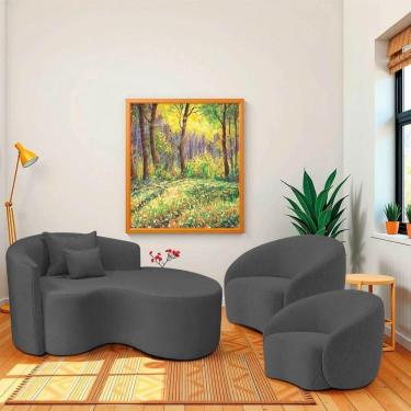 Imagem de Kit Recamier Curvo Sala De Estar 150cm Lado Direito E 2 Poltronas Orgânica Amore Linho Cinza Escuro