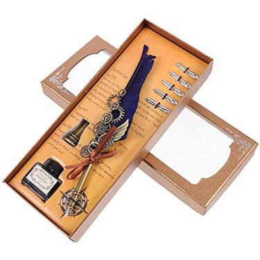 Imagem de HIOD Caneta tinteiro 5 pontas de pena de ganso natural mergulhada em água caligrafia asta mecânica caneta tinteiro conjunto de canetas vintage, azul