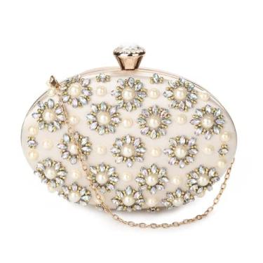 Imagem de Bolsa de noite feminina com contas clutch pérola strass festa acessórios de bolsa feminina, Bege, M