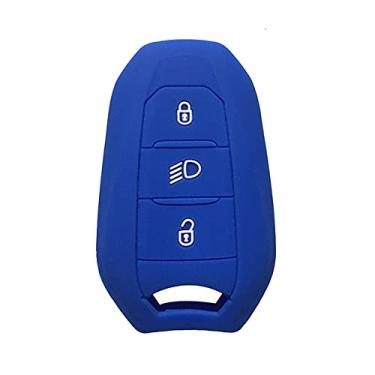 Imagem de CSHU Capa de silicone para chave remota Shell Capa para chave do carro Capa chaveiro com anel de chaveiro, adequado para 5008 DS5 DS6 Peugeot 208 DS3 Citroen C4 C5 X7, azul