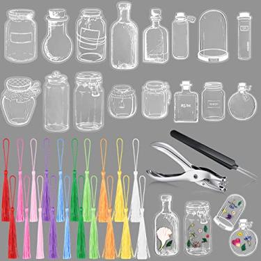 Imagem de Kit de marcadores de página de flores secas transparentes de tamanho misto, com 120 peças, bonito em forma de garrafa, de flores, feito à mão, página floral transparente, marcador de página, pinça, perfurador