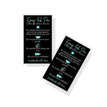 Imagem de Cartão de instruções feito à mão para cuidados com caneta de tinta epóxi | Pacote com 50 | Para artesãos de caneta de gel de resina epóxi | Preto com design azul-petróleo