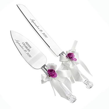Imagem de Conjunto de facas e servidor de bolo sintéticas gravadas para aniversário, aniversário de casamento, lembrança (roxo)