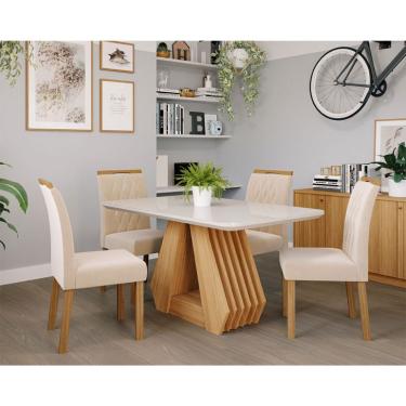 Imagem de Conjunto de Mesa de Jantar Retangular com Tampo de Vidro Off White Agata e 4 Cadeiras Juliana Suede Nude e Nature