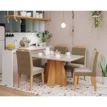 Imagem de Conjunto de Mesa de Jantar Retangular com Tampo de Vidro Off White Maite e 4 Cadeiras Paola Suede Joli e Nature