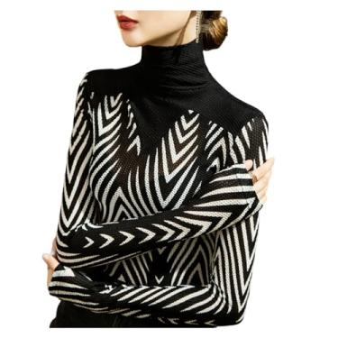 Imagem de Yueary Pulôver feminino de gola alta manga comprida estampa de zebra color block camisa slim fit blusa moderna blusa casual tops suéter, Preto, 3G