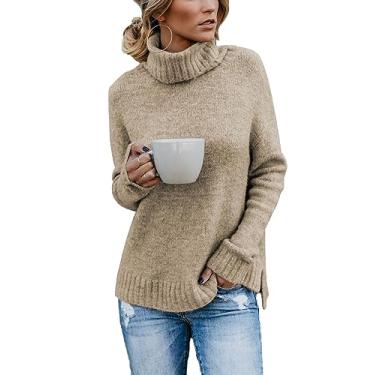 Imagem de Paintcolors Suéter feminino de gola rolê de manga comprida pulôver grande suéter túnica casual outono inverno grosso, Apricot_c30, XG