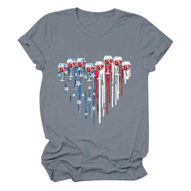 Imagem de Camiseta feminina de 4 de julho com estampa de taças de vinho, manga curta, verão, dia da independência, Cinza, M